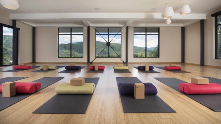 Room with large windows, hardwood floor, and yoga mats arranged in rows