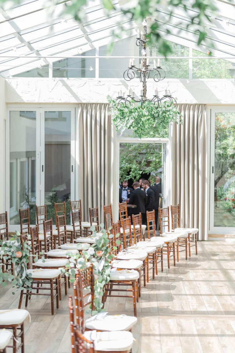 Wedding ceremony area with chairs arranged in rows