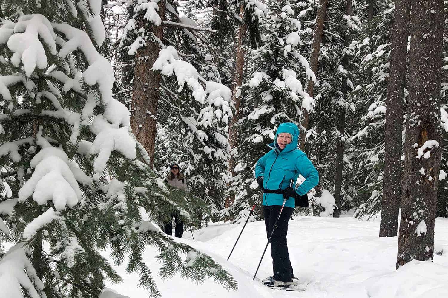 Woman wearing winter coat, holding ski poles, standing in a forest covered with pine trees