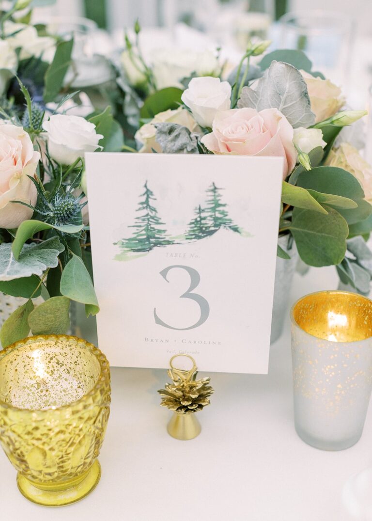 Closeup of place card, candles, and floral place setting