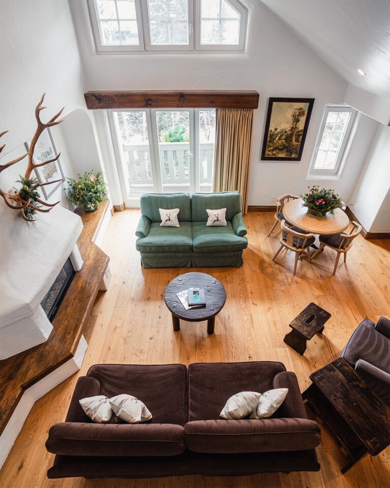 Overhead view of living room sitting area with hardwood flooring, sofas, table with chairs, and fireplace