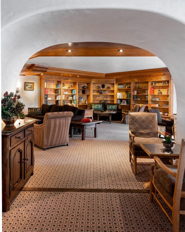 Lounge area with cabinet, chairs, tables, sofas, carpeted floor, and recessed bookcase and shelves in the background