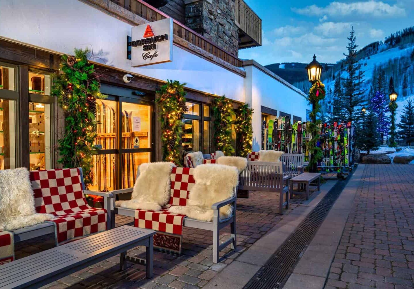Gorsuch Ski Cafe exterior, benches with rugs outside in front