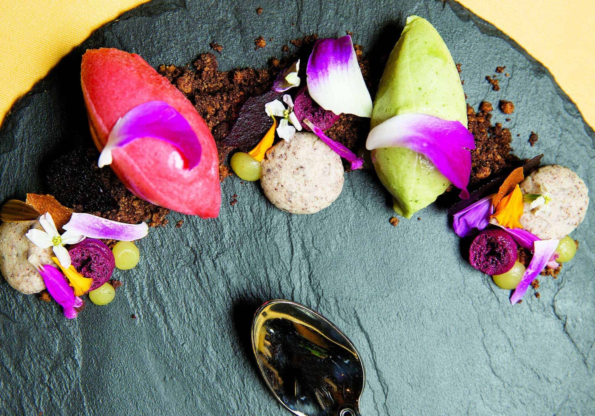 Slab wth spoon, flowers, and more