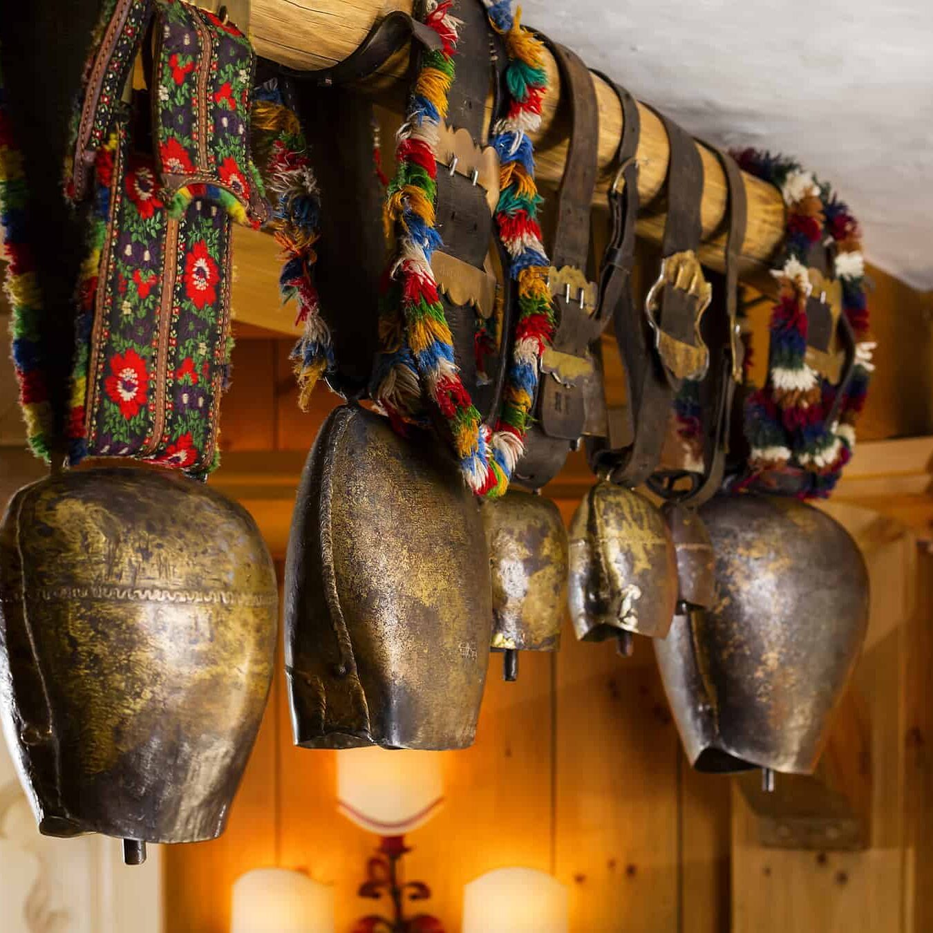 cowbells hanging from ceiling
