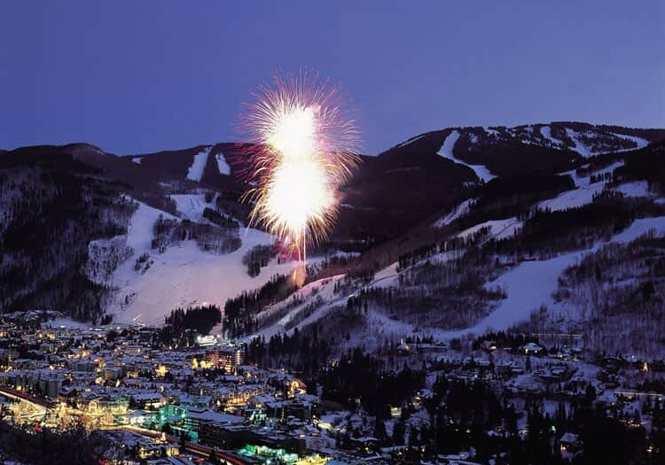 A scenic, evening view of the Vail Village.
